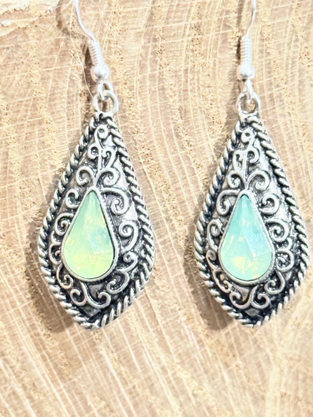 Prehnite Teardrop Silver Tone Filigree Boho Dangle Earrings Jewelry NWT
